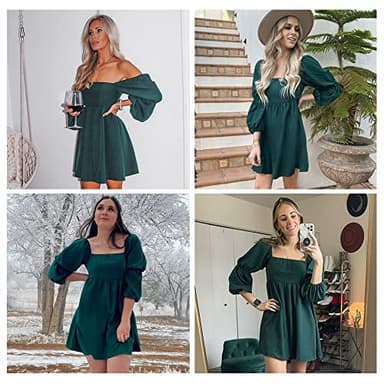 EXLURA Womens 2024 Casual Long Puff Sleeve Dress A-Line Square Neck Short Mini Dress Dark Green - Image 4