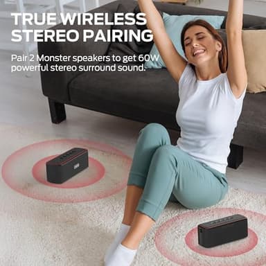 Monster Shock Plus Bluetooth Speaker, Portable Speaker with 30W Loud Stereo Sound, Bluetooth 5.4, TWS Pairing, 15H Playtime, Support AUX/TF Card, IPX6 Waterproof Wireless Speakers for Outdoor, Home - Image 7