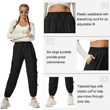 DLOODA Quick Dry Cargo Pants Lightweight Tactical Hiking Pants with 6 Pockets for Women, Elastic Waist and Water-Resistant Black - Image 5