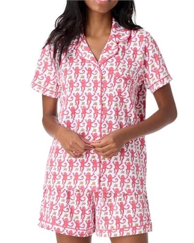 Zelbuck Womens Y2k Preppy Pajamas Set, 2 Piece Button Down Monkey Beach Shorts Set Holiday Vacation Loungewear Pjs for Jammies Back to School Party Birthday Gifts(Pink, Medium) - Image 1