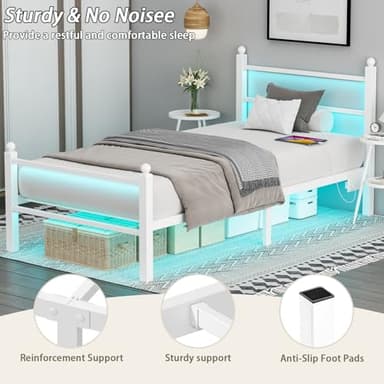 Gohapnis Twin Bed Frames with Headboard and Footboard,White Metal Platform Bed Frame with RGB LED Lights and USB Charging Station,Under Bed Storage,No Box Spring Needed,Suitable for Bedrooms - Image 8