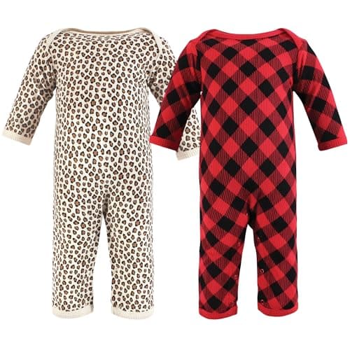 Hudson Baby Unisex Baby Thermal Coveralls 2pk, Buffalo Plaid Leopard, 6-9 Months - Image 1