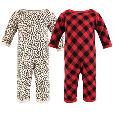 Hudson Baby Unisex Baby Thermal Coveralls 2pk, Buffalo Plaid Leopard, 6-9 Months - Image 1