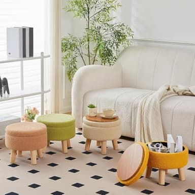 Wimarsbon Storage Ottoman, Modern Round Footrest with Soft Padded Seat, Teddy Velvet Footstool with Wood Legs, Accent Small Table or Plant Stand for Hallway, Living Room (Off-White) - Image 8