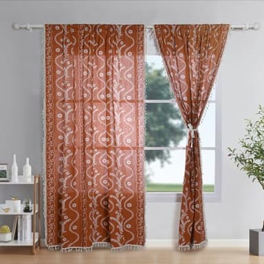 Terracotta Boho Linen Curtains with Tassels 84 Inch Length for Living Room, Floral Semi Sheer Curtains 2 Panels, Vintage Rustic Farmhouse Light Filtering Drapes, Burnt Orange - Image 8