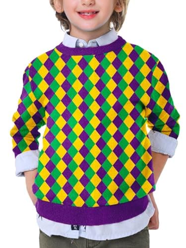 Remimi Kids Mardi Gras Sweatshirt Purple Green Yellow New Orleans Girls Long Sleeve Sweater Tricolor Lattice 7-8 Years - Image 1