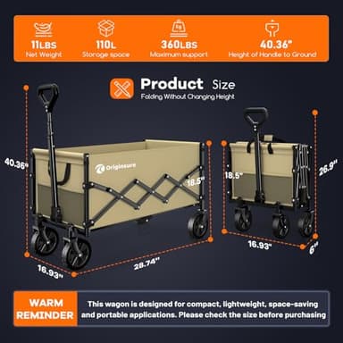 Originsure Collapsible Wagon Cart Foldable - Lightweight Portable Heavy Duty Folding Beach Wagons with Wheels - Outdoor Utility Carts for Grocery, Camping, Shopping, Sports with Large Capacity - Khaki - Image 3