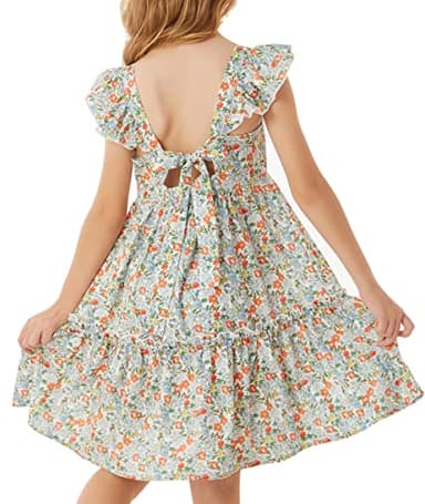 GRACE KARIN Girls Spring Dress Tie Back Flutter Sleeve Dress Green Floral 7Y - Image 1