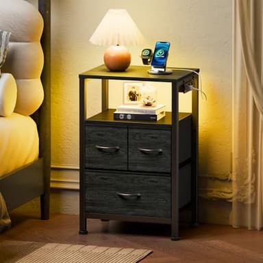 Furnulem Black Nightstand with Wood Shelf, Bed Side Table with Led Light and Charging Station, 25.8 Inch End Table with 3 Fabric Storage Drawers, Small Night Stand for Bedroom Furniture - Image 2