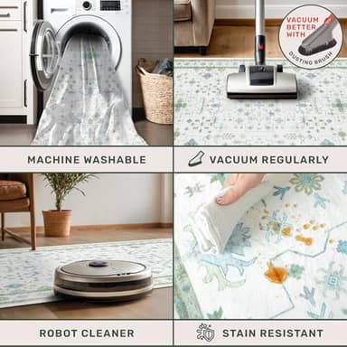 Oriental 10x14 Rug Living Room - Washable Oushak Boho Extra Large for Bedroom Non Slip Soft Faux Wool Carpet for Dining Room Playroom - Cream Blue and Green Floral Rug - Image 4