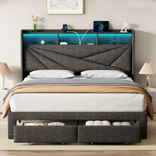 Driftalia LED Queen Bed Frame with 2 Storage Drawers, Upholstered Bed Frame Queen Size with Headboard and Charging Station, No Box Spring Needed, Easy to Assembly-Dark Grey - Image 1