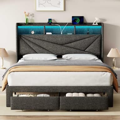 Driftalia LED Queen Bed Frame with 2 Storage Drawers, Upholstered Bed Frame Queen Size with Headboard and Charging Station, No Box Spring Needed, Easy to Assembly-Dark Grey - Image 1