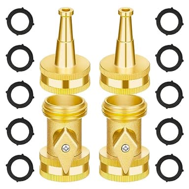 AUTOMAN Brass Hose Nozzle - High Pressure Jet Nozzle 4 Count (2 Set), Heavy Duty Water Hose Sprayer Sweeper with Hose Shutoff Valve, 3/4” GHT Nozzles for Garden Hose, Car Wash, Extra 10 Rubber Washers - Image 1