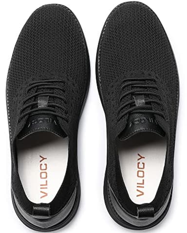 VILOCY Men's Casual Dress Sneakers Oxfords Business Shoes Lace Up Lightweight Comfortable Breathable Walking Knit Mesh Fashion Sneakers Tennis All Black,EU44 - Image 3