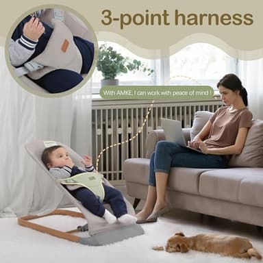 AMKE CooCon Baby Bouncer,Ergonomic Bouncer Seat for Babies with 3 Recline Positions,Portable Newborn Bouncer Seat, Mesh Design Bouncers for Infants,Beige - Image 5