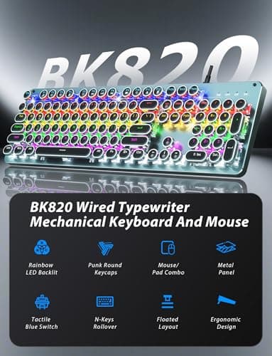 Typewriter Style Mechanical Gaming Keyboard Blue Switch, Rainbow LED Backlit Wired Computer Keyboards Mouse and Pad Combo, Metal Panel Retro Punk Round Keycaps, 104 Keys Anti-Ghost for PC Laptop Gamer - Image 2