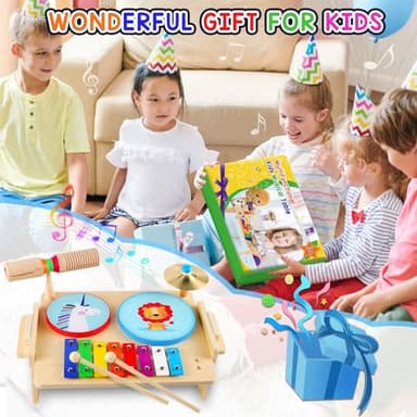 DIFFYBOX Kids Drum Set, Baby Musical Instruments Toys for Toddlers, 7 in 1 Wooden Xylophone Toddler Drum Set Percussion Instruments Musical Toys Birthday Gifts for Children Boys and Girls - Image 6