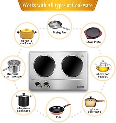 CUSIMAX 1800W Ceramic Electric Hot Plate for Cooking, Dual Control Infrared Cooktop, Double Burner, Portable Countertop Burner, Glass Plate Electric Cooktop, Silver, Stainless Steel-Upgraded Version - Image 3