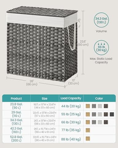 SONGMICS 130L Clothes Hamper with Lid, 2 Removable Liner Bags, 6 Mesh Bags, Wicker, Double Laundry Basket for Bathroom, 13 x 26 x 23.6 Inches, Gray ULCB253G01 - Image 6