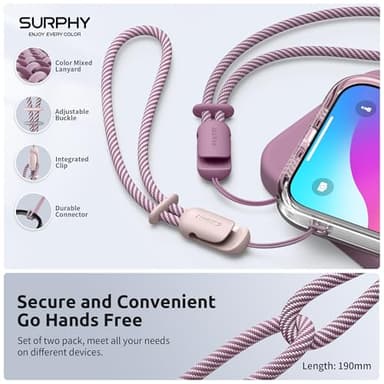 SURPHY 2 Pack Phone Lanyard for Cellphone Case, Phone Wrist Strap for Case, Cellphone Strap with 2-Color Braided, Charm Wrist Lanyard for Women, Cellphone Wrist Lanyard for Women, Pink & Lilac Purple - Image 2