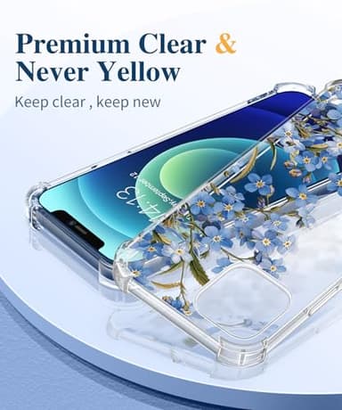 GVIEWIN for iPhone 12 Case and iPhone 12 Pro Case with Screen Protector + Camera Lens Protector, Clear Floral Flexible TPU Shockproof Women Girls Flower Phone Case 6.1"(Aconite/Blue) - Image 3