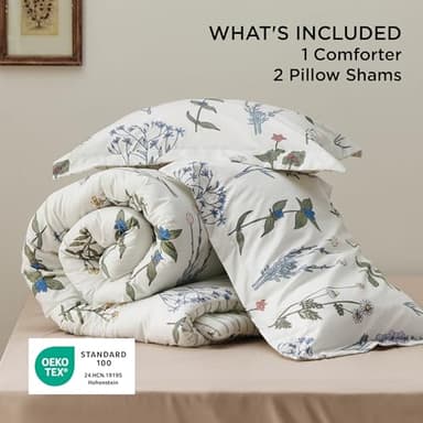 Bedsure Comforter Set Queen Size - Cute Floral Bedding Comforter Set, 3 Pieces, 1 Soft Reversible Coconut White Botanical Flowers Comforter and 2 Pillow Shams - Image 6