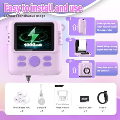 ESOXOFFORE Instant Print Camera for Kids, Christmas Birthday Gifts for Girls Boys, HD Digital Video Cameras for Toddler, Portable Toy for 4 5 6 7 8 9 10 Year Old Girl with 32GB SD Card-Purple - Image 6