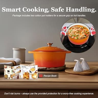 Overmont Enameled Cast Iron Dutch Oven - 5.5QT Pot with Lid Cookbook & Cotton Potholders - Heavy-Duty Cookware for Braising, Stews, Roasting, Bread Baking orange - Image 7