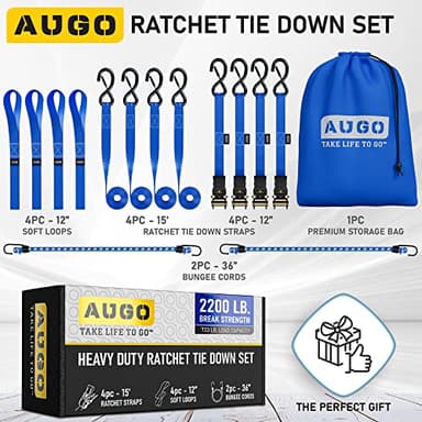 AUGO Ratchet Straps Heavy Duty 4 Pack -15 FT - 2200 LB Break Strength – with Safety Lock S Hooks - Cargo Straps for Moving, Appliances, Motorcycle – Soft Loop Tie Down Straps - Image 5
