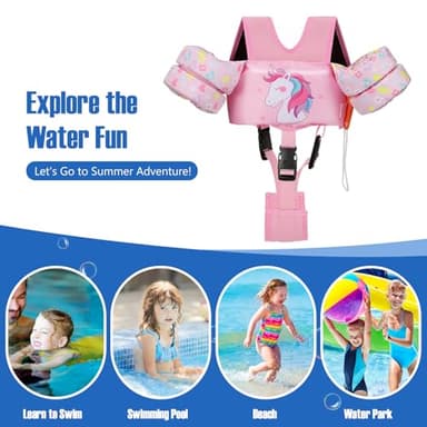 MoKo 13-20-30lbs Toddler Floaties Arm Floaties, Toddler Swim Vest Cartoon Swim Arm Band for Kids with Crotch Strap Pool Float Vests Sleeves Shoulder Straps Learn to Swim, Pale Pink & Note Unicorn - Image 7