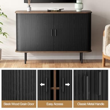 47''W x 32''H Storage Cabinet, Fluted Sideboard Buffet Cabinet with Storage, Console Table Credenza with Tambour Slatted Sliding Doors and Shelves for Living Room, Kitchen, Black - Image 4
