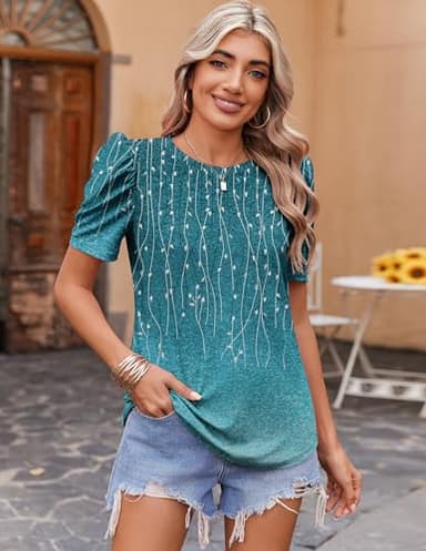 Zeagoo Leaves Print T-Shirt Casual Puff Sleeve Tops for Spring Fall Summer Crew Neck Basic Blouses Shirts Large - Image 3