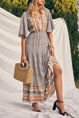 PRETTYGARDEN Women's Casual Summer Boho Floral Print Dress V Neck Short Sleeve High Waist Long Maxi Beach Dresses (White Floral,Large) - Image 5