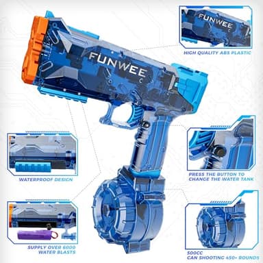 Funwee 2 Pack Electric Water Guns, Full Automatic Electric Squirt Gun High Capacity 500+ Water Blasts, Long Range Water Pistol Blaster Soaker, Summer Outdoor Pool Auto Water Toy for Adult Kid - Image 3