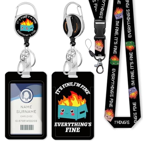 Dumpster on Fire Lanyards for ID Badges and Keys, Funny Badge Reel Retractable Heavy Duty with 360° Swivel Carabiner Clip, I'm Fine ID Badge Holder with Breakaway Lanyard, Teacher Nurse Office Gifts - Image 1