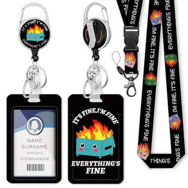 Dumpster on Fire Lanyards for ID Badges and Keys, Funny Badge Reel Retractable Heavy Duty with 360° Swivel Carabiner Clip, I'm Fine ID Badge Holder with Breakaway Lanyard, Teacher Nurse Office Gifts - Image 1