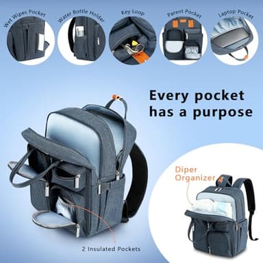 Diaper Bag Backpack, Large Capacity Baby Diaper Backpack with Tons of Pockets, Built-in Stroller Straps, Multi function Waterproof Diaper Bag（Bluish grey） - Image 3