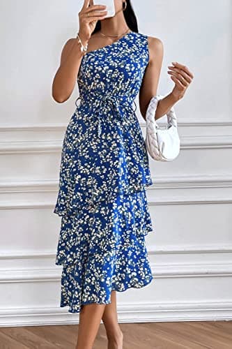 PRETTYGARDEN Women's Summer Floral Sundress Casual One Shoulder Tiered Ruffle Flowy Midi Beach Boho Dresses (Floral Royal Blue White,Small) - Image 3