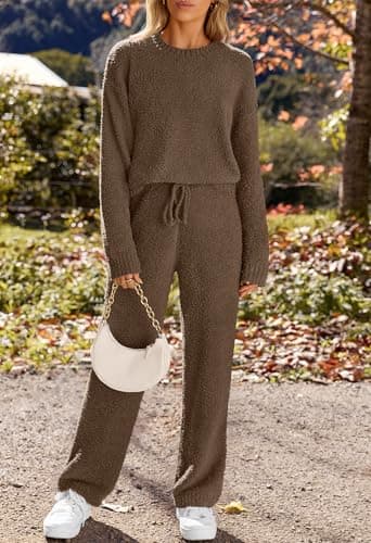 MEROKEETY Womens Pajama Sets 2025 Fall Lounge Sweater Set Cute Fuzzy Fleece 2 Piece Long Sleeve Cozy Winter Pj Outfits, Coffee, Medium - Image 3