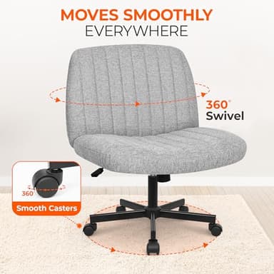 Orange Factory Criss Cross Chair Wheels Wide Cross Legged Office Desk Vanity Chair Comfy Fabric Armless Adjustable Swivel for Home Computer Task (Gray) - Image 5