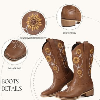 Bybmorto Tan Cowboy Boots for Women - Mid Calf Western Sunflower Cowgirl Boots with Floral Embroidery, Square Toe Stitched Pull On Retro Design, Perfect for Country Idyll, Concerts and More Size 8 - Image 4