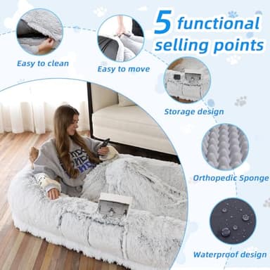 WROS Human Dog Bed - 71"x45"x12" Fits You & Pets, Washable Faux Fur, Orthopedic, Plump Pillow, Blanket, Strap - Grey - Image 3
