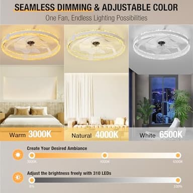 SKRFORM Ceiling Fans with Lights and Remote, 20'' Low Profile Flush Mount Ceiling Fan with 6 Speeds & 3 Color Temperature, 3000-6500K Dimmable Led Fandelier for Bedroom Livingroom, White - Image 3