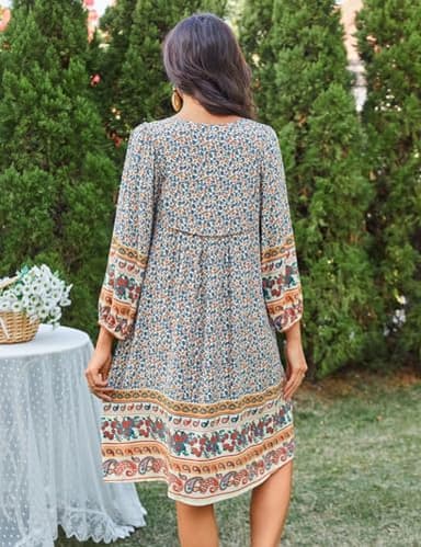Bluetime Women Casual Summer Dress Boho V Neck 3/4 Sleeve Babydoll Floral Print Flowy Beach Dress (L, Light Apricot) - Image 5