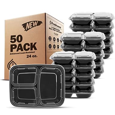 Freshware Meal Prep Containers [50 Pack] 3 Compartment Food Storage Containers with Lids, Bento Box, BPA Free, Stackable, Microwave/Dishwasher/Freezer Safe (24 oz) - Image 1