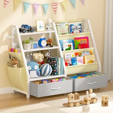 Twinkoo Kids Bookshelf and Toy Organizer, Sturdy 3 Tier Kids Bookcase, Sling Bookshelf and 2 Toy Bins, Toddler Montessori Book Shelf with Toy Storage Organizer for Children Room, Playroom, Nursery - Image 1