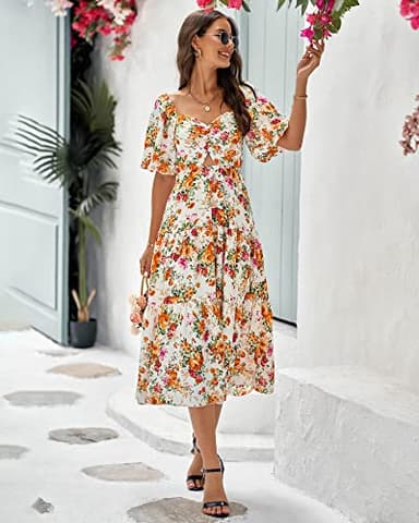 BTFBM Women Summer Dresses 2025 Casual Flowy Beach Square Neck Puff Short Sleeve Smocked Back Boho Floral Long Maxi Dress(Floral White Orange, Large) - Image 3