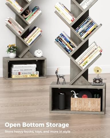 Evermagin 6 Tier Tree Bookshelf with Light, Narrow Bookcase Tower, Tall Floor Standing Book Shelf Organizer with Storage Cabinet for Living Room, Bedroom and Home Office, Gray - Image 5
