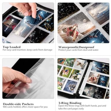 WOT I Trading Card Binder, 900 Pockets Collection Card Binder Sleeves with Polyester Fabric Cover&Zipper, Double Sided Pockets Card Holder Carry Card Case for Standard Size Cards - Grey - Image 7