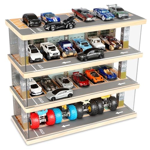 Saichotoy Storage for Hot Wheels: Toy Car Parking Garage Diorama with Lights - Freestanding Display Case for 1/64 Scale Diecast Cars with 4 Levels 24 Spots Maximum 40 Cars - Image 1